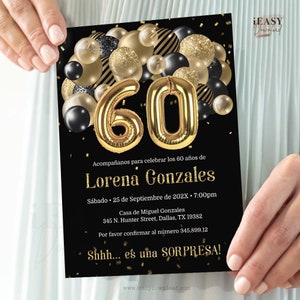 Balloons Gold and Black 60th Birthday Invitation Template | Surprise birthday invitation in Spanish | Spanish Birthday Invitation Corjl AP6