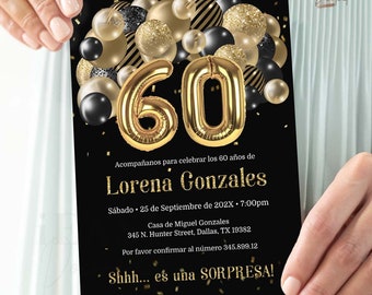 Gold and Black 60th Birthday Invitation Template (Spanish) (Digital Download)