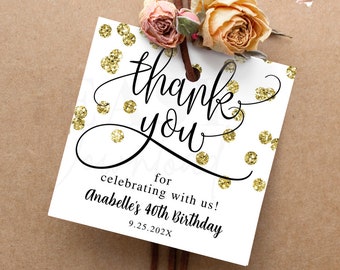 Editable Adult Birthday Favor Tags • White and Gold Theme • Thank You Gift Tags • For all Ages Instant Download Template Tags with Corjl AP6