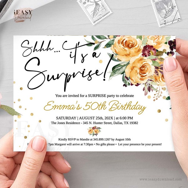 50th Birthday Party Surprise Party, Yellow Roses Birthday Invitation Editable Floral Roses Gold Confetti Template for All Ages Template AP13