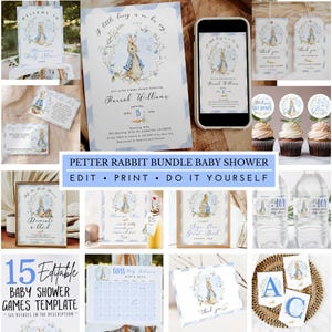Editable Peter Rabbit Baby Boy Shower Bundle A Little Bunny is on the way, Set of 30 items Party Matching Decorations and Games using Corjl