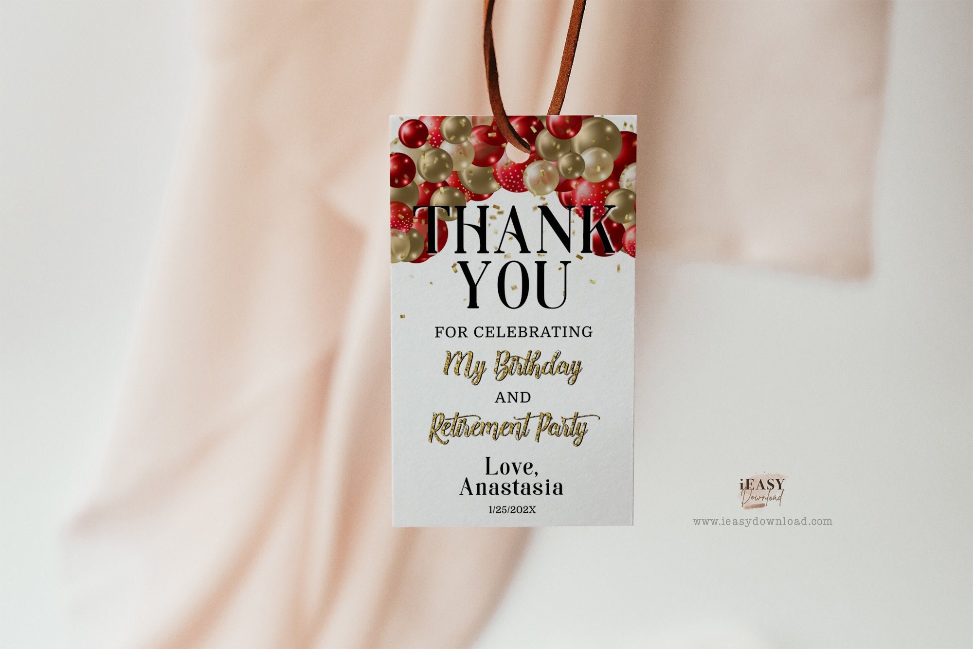 Editable Birthday Red and Gold Balloons Thank you Tag, Retirement and Birthday Party Favor For all Ages Gift Tag Template Corjl AP28