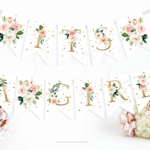 Blush Pink Baby Shower Decorations It&#39;s A GIRL Baby Banner | Pink Floral Baby Shower | Blush Pink and Gold Confetti Instant Download BS4