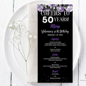 Editable Menu Card Template, Purple Silver Black Balloon and Confetti, Cheers to 50 Years, Menu Card Printable, For All Ages Corjl AP12