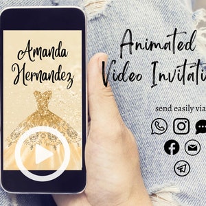 Invito telefonico SAVE the Date Quinceañera, invito video animato Invito per il 15° compleanno, invito per il compleanno di Mis Quince nero e oro QCA1