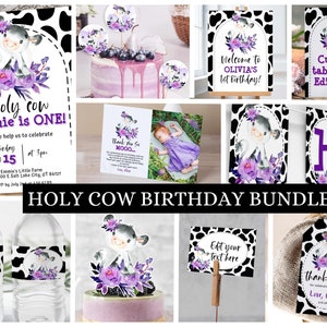 Cow Farm Birthday Party Bundle | Purple Farm First Birthday Bundle | Holy Cow I am ONE birthday Invitation | Bundle Cow Theme for Girl | KP1