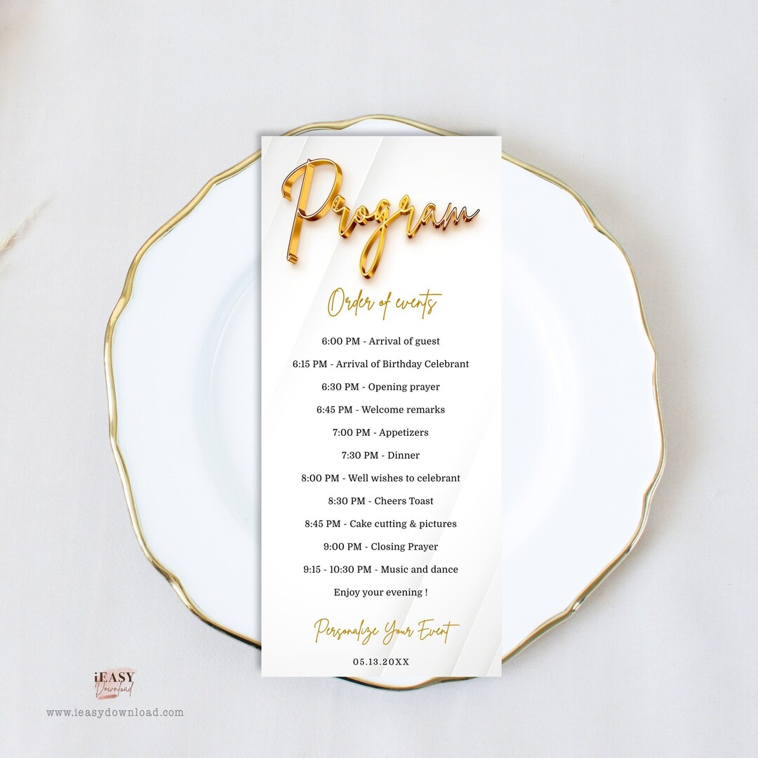 Editable Program Card Template, All White Affair Gold Theme Party ...