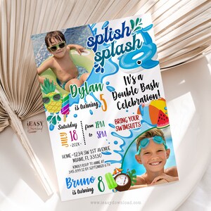 May include: A blue and white invitation with a splish splash theme. It says "It's a Double Bash Celebration!" and features two photos of boys in swimming pools. The text says "Dylan is turning 5" and "Bruno is turning 8".