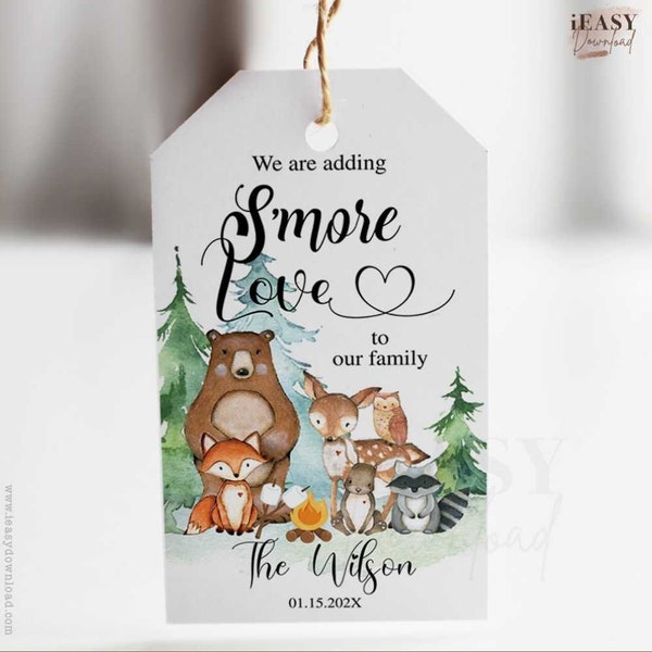 Editable BOY Woodland S'mores Tags | Adding S'more Love Baby Shower Favor Tags | Printable Gift Tags | Woodland Creature Gift Tag - KP2