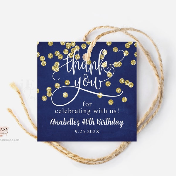 Navy Blue and Gold Favor Tag: Birthday Thank You (Instant Download)