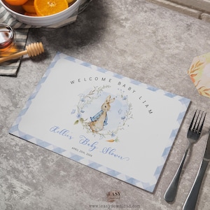 Editable Peter Rabbit Boy Paper Placemat, Bunny Baby shower Placemat, Welcome Baby Placemat Template, Table Decoration, Edit with Corjl