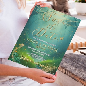 Editable Flyer Enchanting Evening School Dance Save the Date Father and Daughter Dance, Enchanted Emerald Green Forest Template with Corjl