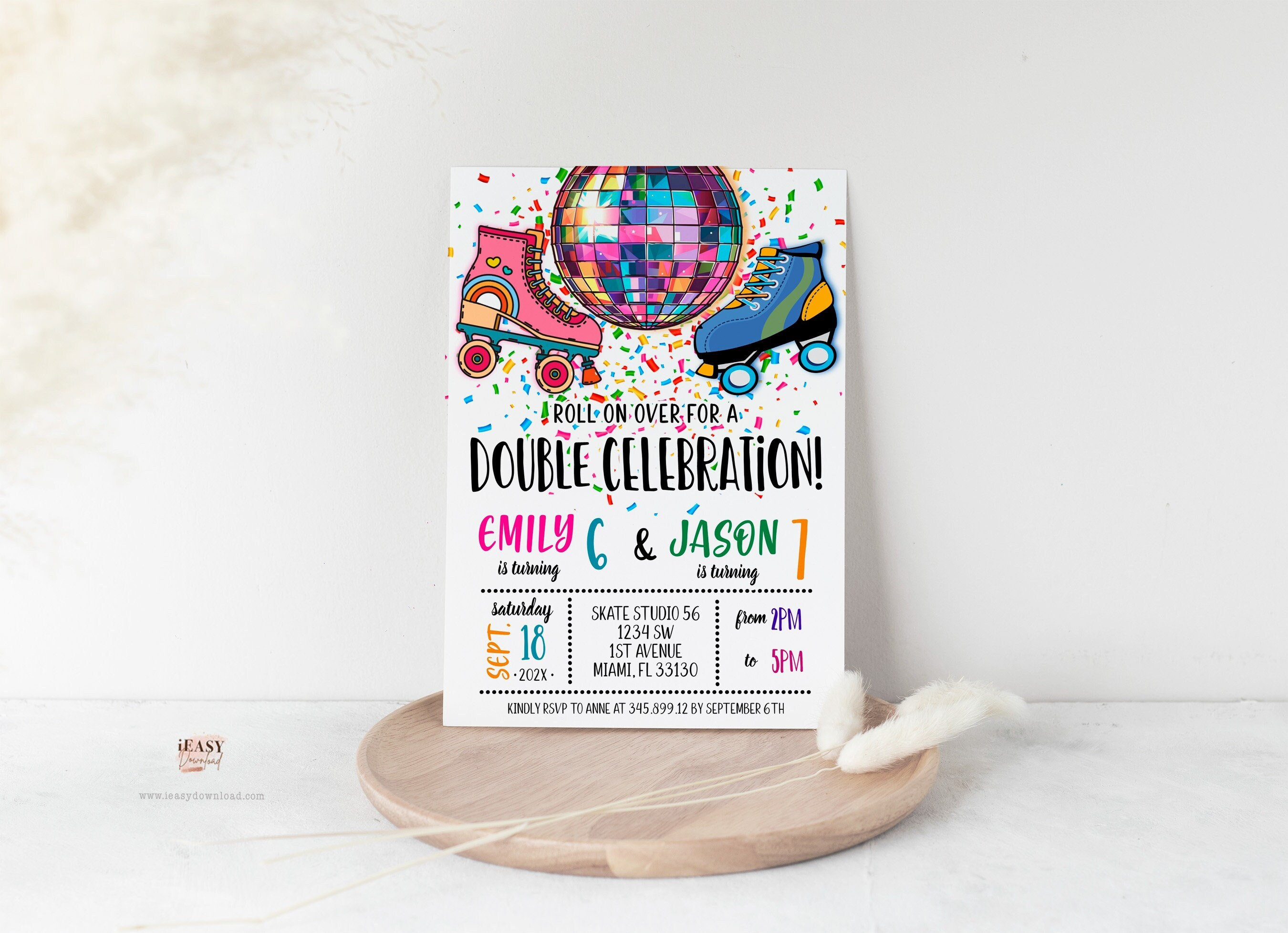 Editable Roller Disco Birthday Invitation: Rainbow Confetti, Sibling Celebration (Digital Download)