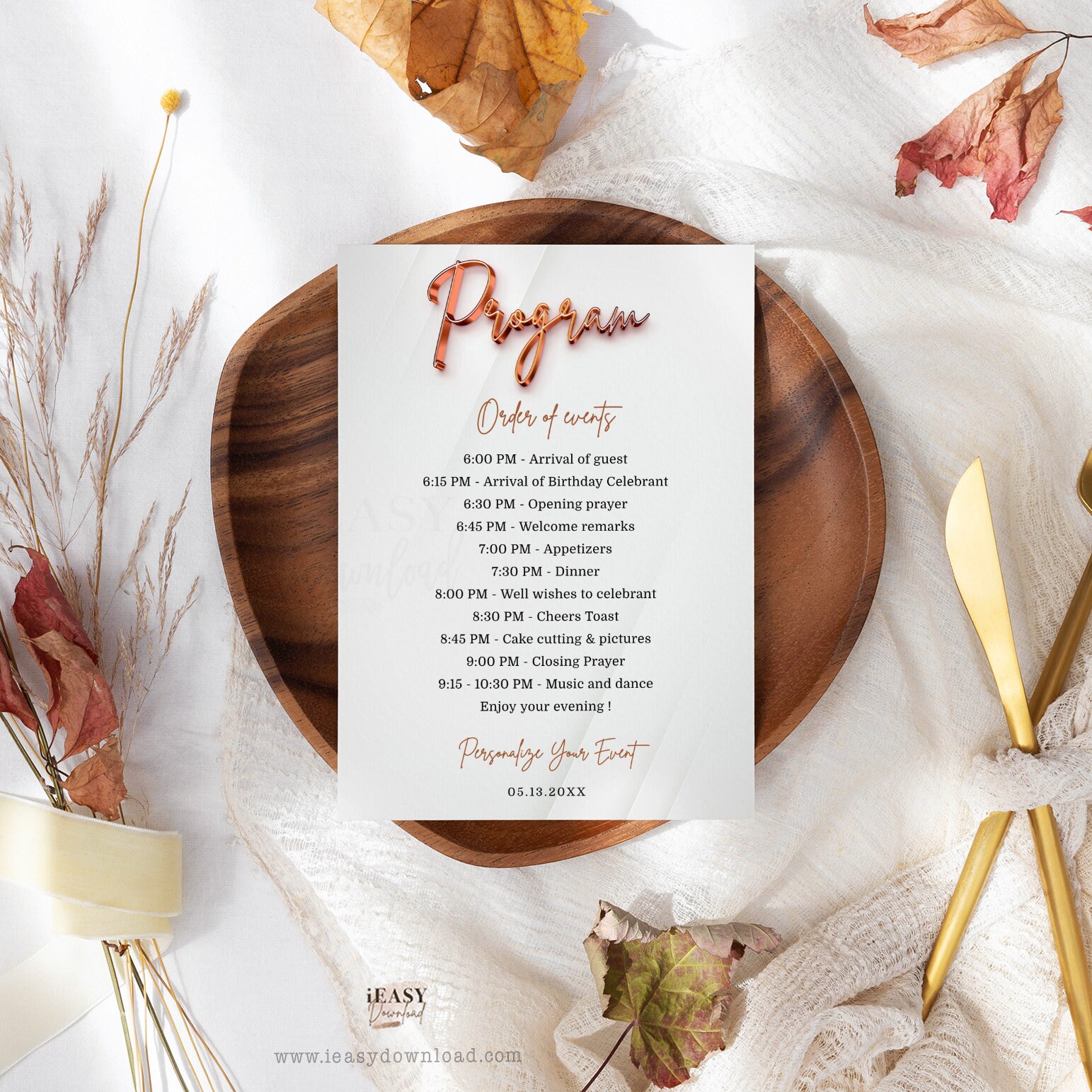 Rose Gold Birthday Program Template: Modern Event Card (printable Corjl ...