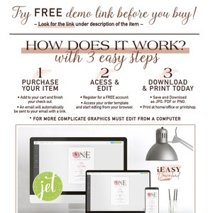 May include: A digital illustration of a computer, laptop, and smartphone displaying a pink and white printable invitation with the text "ONE" and a floral design. The text "iEASY Download" is displayed on a pink and white background.
