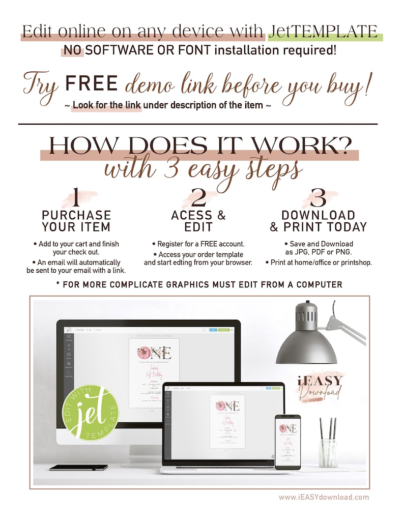 May include: A digital illustration of a computer, laptop, and smartphone displaying a pink and white printable invitation with the text "ONE" and a floral design. The text "iEASY Download" is displayed on a pink and white background.