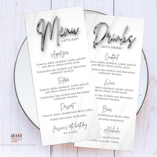 Editable Double Sided Menu and Drinks Card Template, All White Affair SilverTheme Party, Modern Birthday Gold Manu Card Printable Corjl