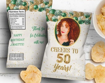 Cheers to 50 years Emerald Green and Gold Confetti Chip Bag Printable, Snack Bag Adult Birthday Chip Bag, Age and Text are Editable Template