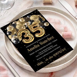 Gold & Black 35th Birthday Invitation Template (Spanish) (Digital Download)