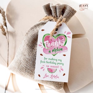 Watermelon Tags, One in a Melon First Birthday Gift Tags, Pink Watermelon Birthday Girl Thank you Tags Editable Watermelon Tags Template KP9