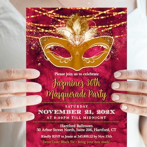 Editable Masquerade Birthday Invitation | Masquerade Invitation Template | Sweet 16 Masquerade Gold and Burgundy Watercolor Invitation AP3