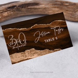 Editable 30 shades of melanin, 30th birthday Food Tent Cards, Shades of Brown Agate Place Card, Food Label Template Printable Corjl AP33