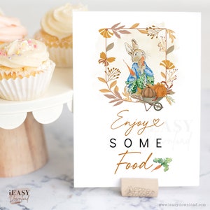 Imprimable Enjoy Some Food Sign Thème d’automne Peter Rabbit Boy Baby Shower, Une petite citrouille est en route Food Sing Télécharger VENDU TEL QUEL, BS16