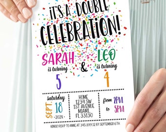 Editable Double Birthday celebration, Sibling Birthday Invitations, Rainbow Confetti Sibling Party, Double Party Invitations Printable