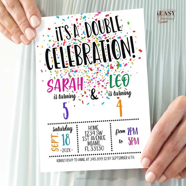 Rainbow Confetti Double Birthday Invitation Sibling Party Printable