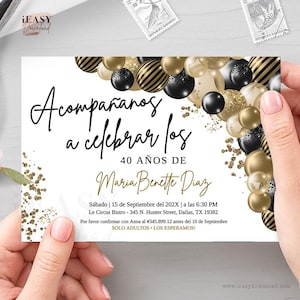 Balloons Gold and Black 40th Birthday Invitation Template, 40 años Cumpleaños Spain Birthday Invitation, Spanish Birthday Invitation AP6