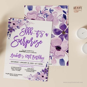 Surprise Birthday Invitation: Purple Floral, Editable (Digital Download)