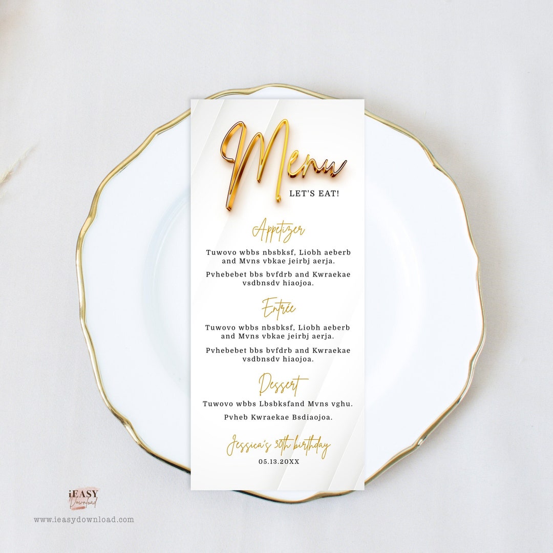 Editable Menu Card Template All White Affair Gold Theme Party Modern Editable menu card template all white affair gold theme party modern