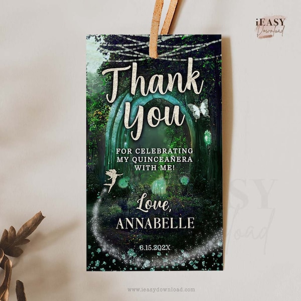 Editable Silver Enchanted Forest Thank You Tag, Emerald Green, Quinceanera Thank You Tag, Butterfly, Mis Quince Fairy Garden Thank You Tag