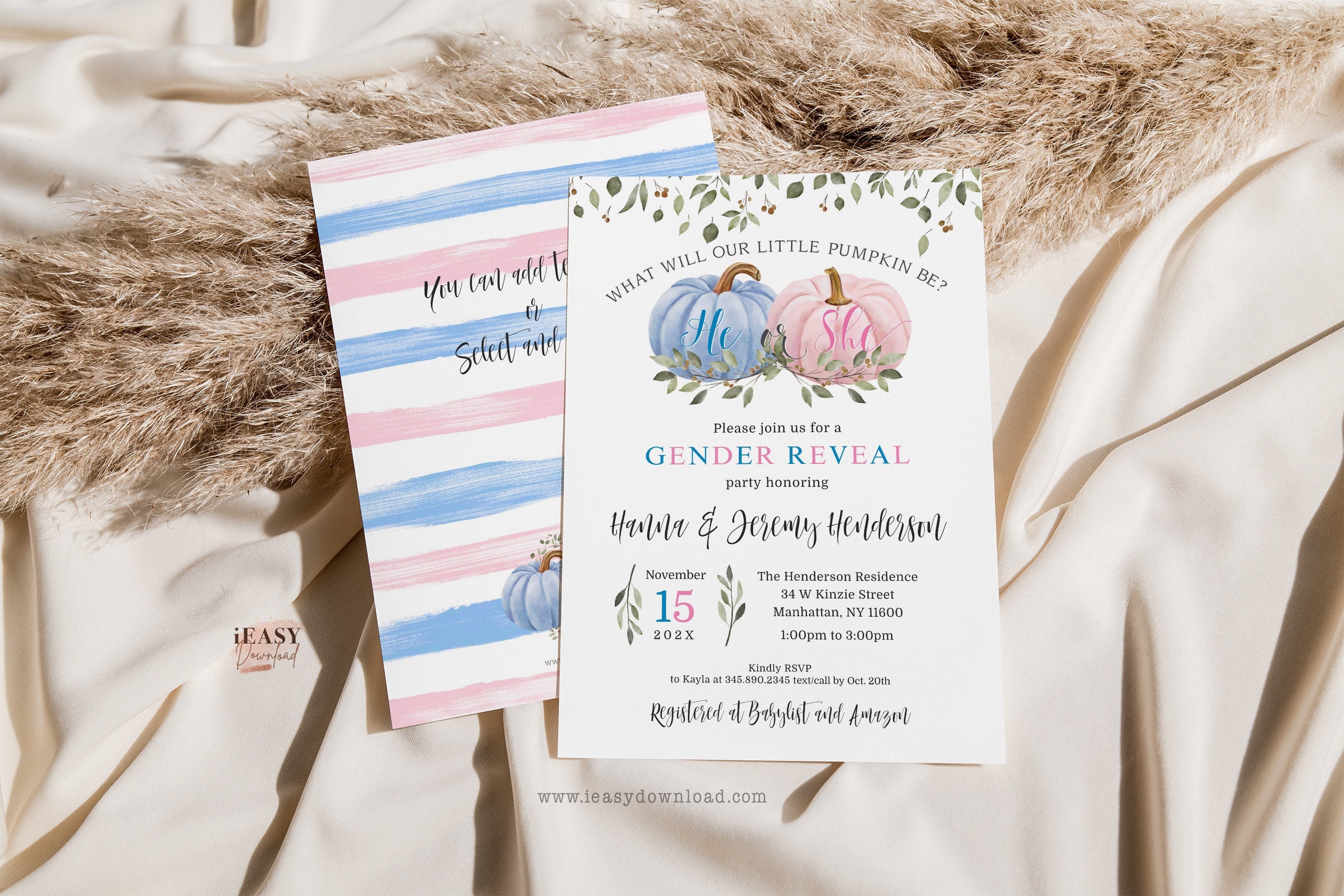 Pumpkin Gender Reveal Blue and Pink Invitation Gender Reveal Boy or Girl Light Blue and Blush Pink Editable Template with