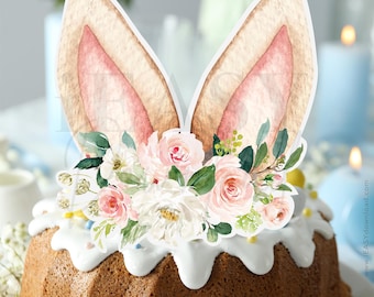 Bunny Ears-taarttopper: roze bloemen, babyshower voor meisjes (digitale download)