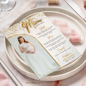 Editable Menu Card Template, Golden Theme Party for a Baby Shower with Photo, Modern Gold Menu Card Printable Printable Corjl AP11