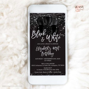 Black and White Party, Evite for Smartphone, 40th Birthday Black and White Celebration, Black & Silver Surprise Birthday Party EDITABLE AP31