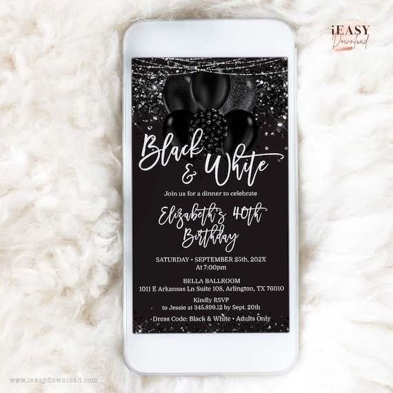Black and Silver 40th Birthday Evite: Smartphone Electronic Invitation (EDITABLE)