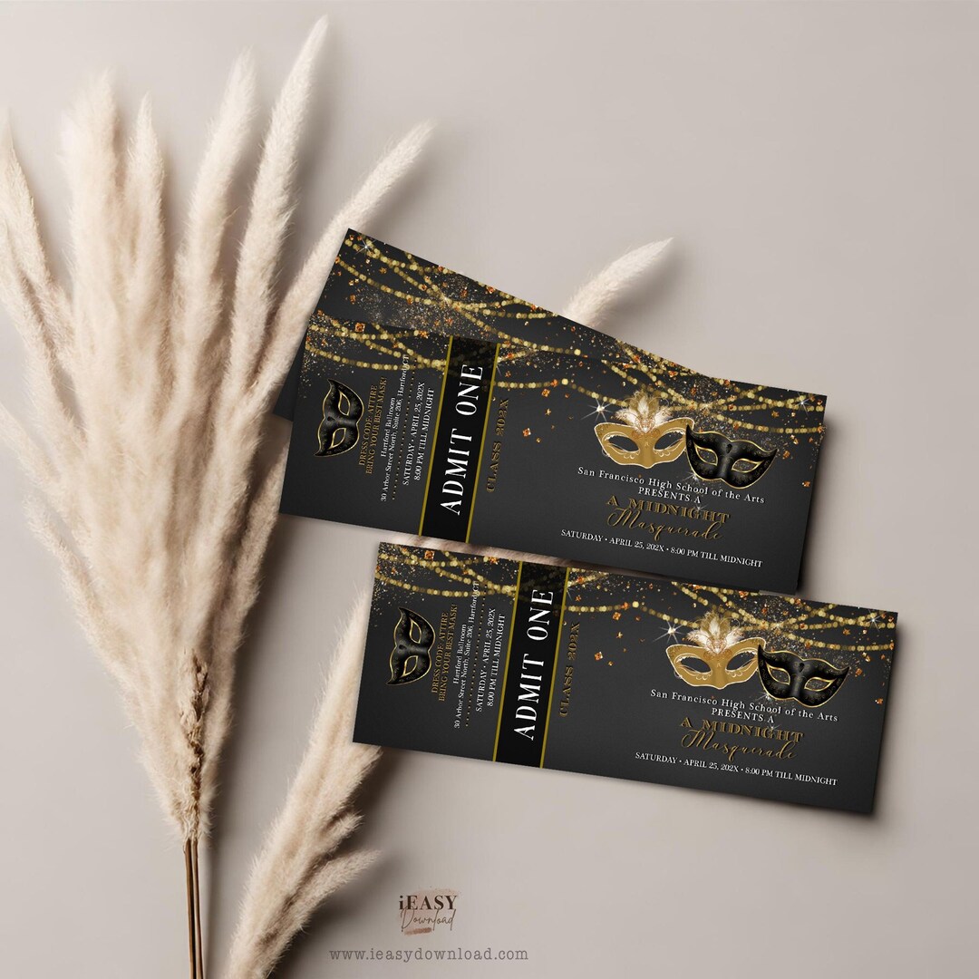 Editable PROM Ticket Template, Gold and Black Masquerade Evening Soiree