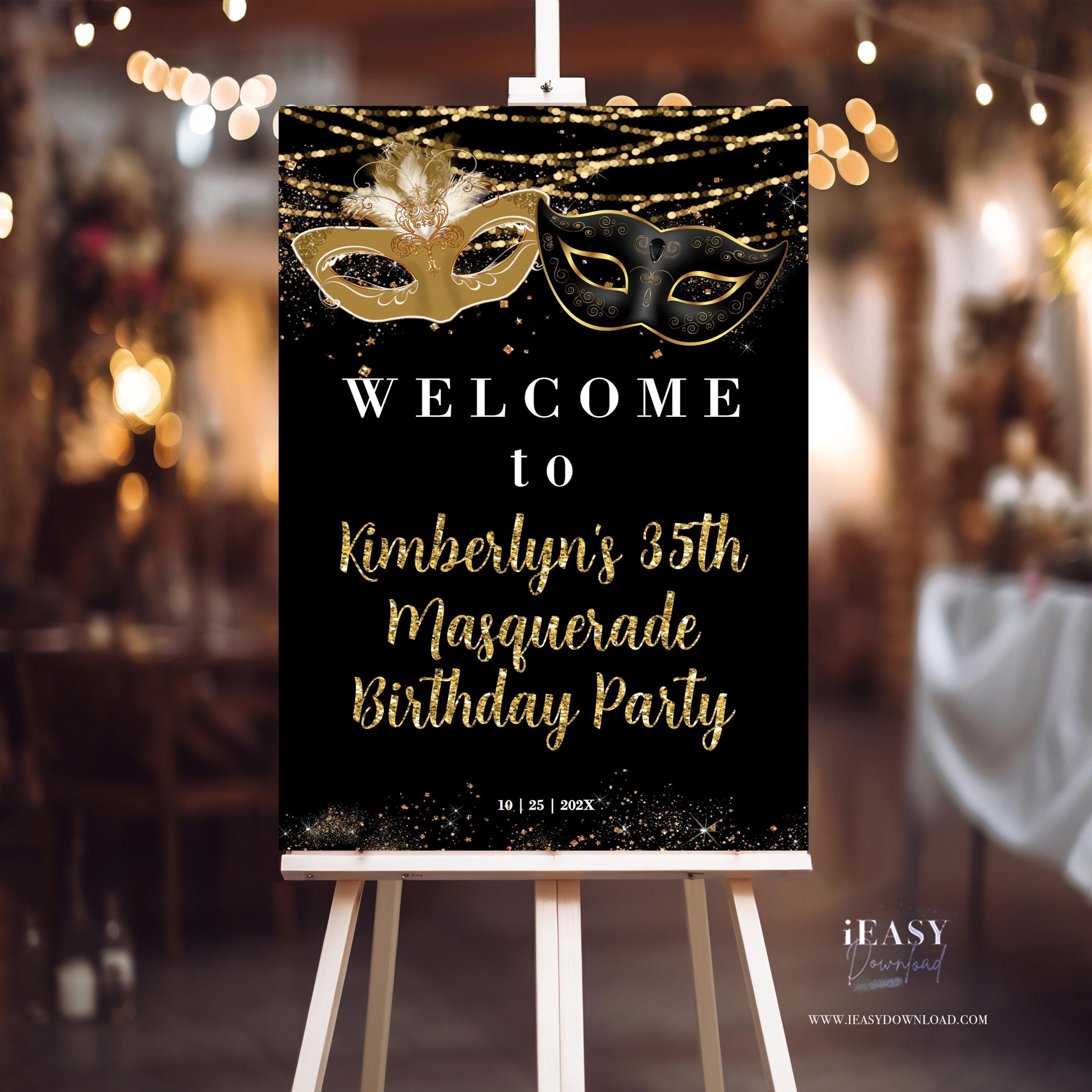 Personalized Masquerade Birthday Party Welcome Sign: Black and Gold ...
