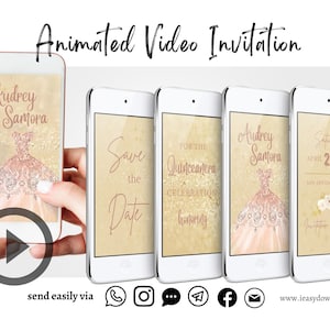 Blush Pink & Gold Quinceañera Save the Date Animated Video Invitation