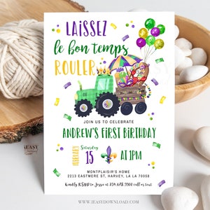 First Birthday Mardi Gras Invitation for Boy, Laissez le bon temps, Green Tractor Carnival Birthday Fat Tuesday Editable Template Corjl KP23