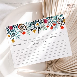Tarjetas de recetas botánicas con acuarela, tarjetas de recetas de flores silvestres para imprimir, tarjetas de recetas de 4 x 6, impresión botánica con acuarela de estilo rural floral RC1