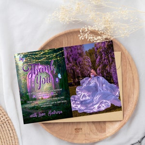 Editable Sweet 16 Photo Thank You Card, Enchanted Emerald Green and Purple Thank You Card Quinceañera, Matching Thank You FairyTale Card 5x7