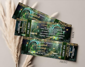Enchanted Forest PROM Ticket Template Emerald Green Editable Template DIY