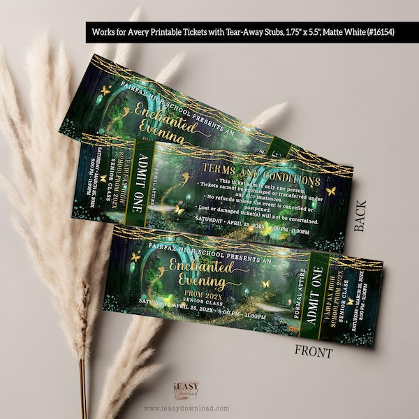Editable PROM ticket template, Enchanted Evening Ticket Templates, School Dance Enchanted Forest, Enchanted PROM Night Emerald Green Corjl