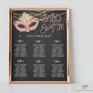 Editable Table Seating Chart Template, Blush Pink Gold Masquerade Ball Party, Sweet 16, Find Your Seat Sign, for 60 Guests - Corjl AP3