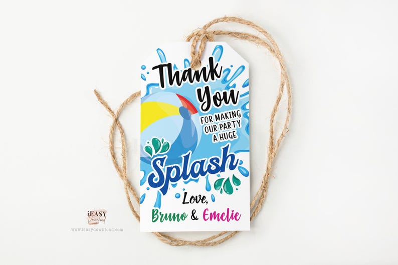 Puede incluir: Etiqueta de agradecimiento con un gr&aacute;fico de pelota de playa azul y amarilla y el texto "Gracias por hacer de nuestra fiesta una gran salpicadura. Con cari&ntilde;o, Bruno y Emelie".