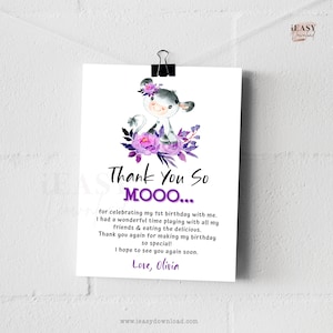 Cow Birthday Thank You Cards: Purple Floral Theme (Editable Template)