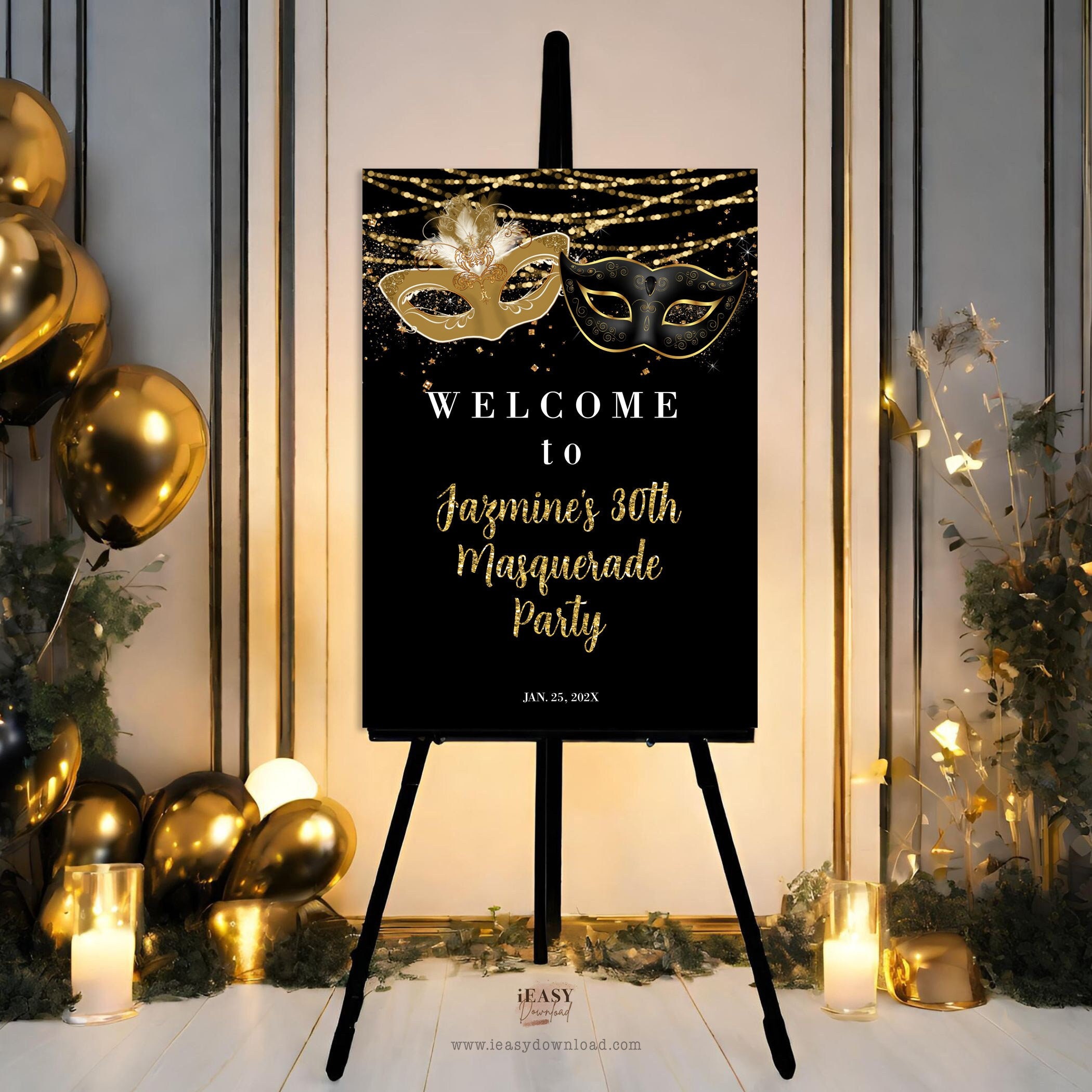 Masquerade Party Welcome Sign Black and Gold Mask Welcome Sign Birthday  Party for All Ages Gold and Black Easel Sign Template DIY Corjl AP3 